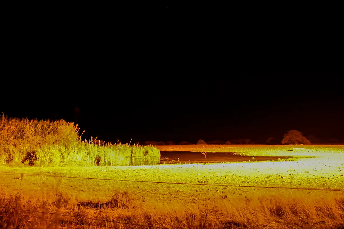 Namibië, Etosha, Namutoni waterhole bij nacht